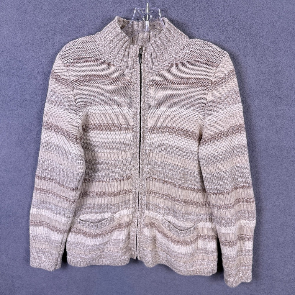 LL Bean Chunky Knit Sweater Womens M Beige Striped Full Zip Cardigan Mock Neck